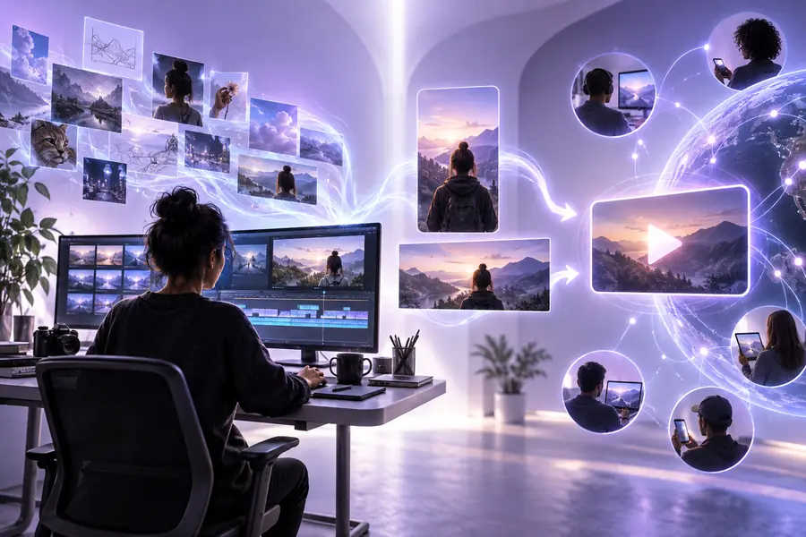 Abstract comparison of AI video creation and YouTube publishing workflows